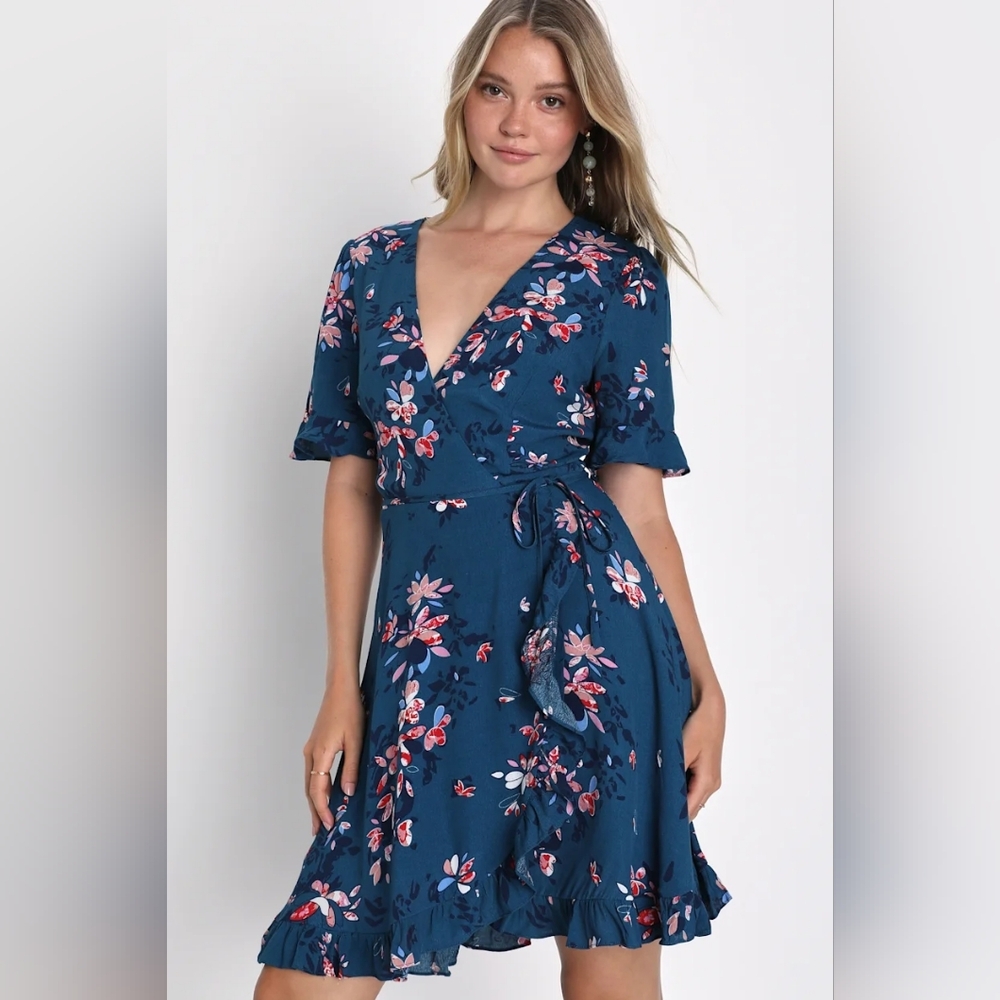 Lulu's Teal Floral Wrap Mini Dress with Pink & White Accents